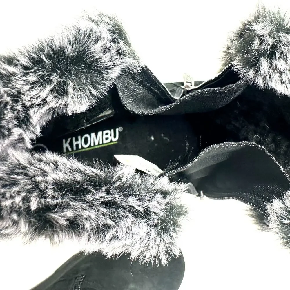 Khombu‎ Size 7 Boots Black Leather Slip On Faux Fur Side Zip Winter Snow Warm